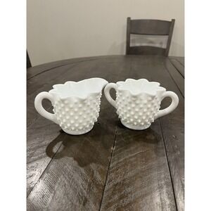Vintage Fenton Hobnail Milk Glass Creamer And‎ Sugar Star Pattern Set White
